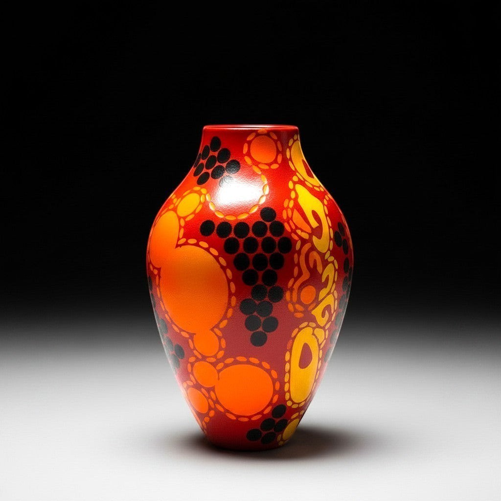 CeramicMeltdown.com Solar Flare 1 vase with red, orange, yellow, and black abstract bubble pattern.