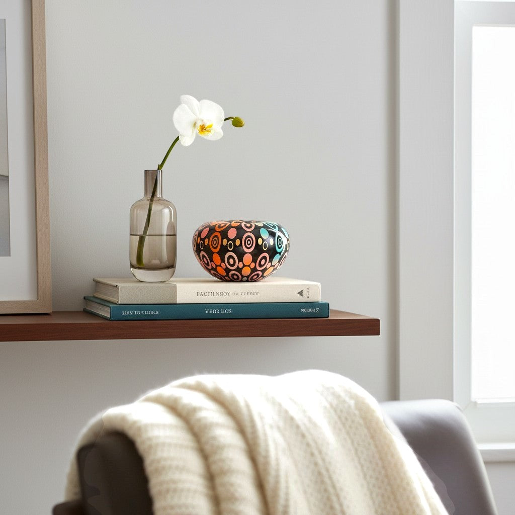 CeramicMeltdown.com decorative bowl with colorful oval pattern on black background, placed on books with orchid.