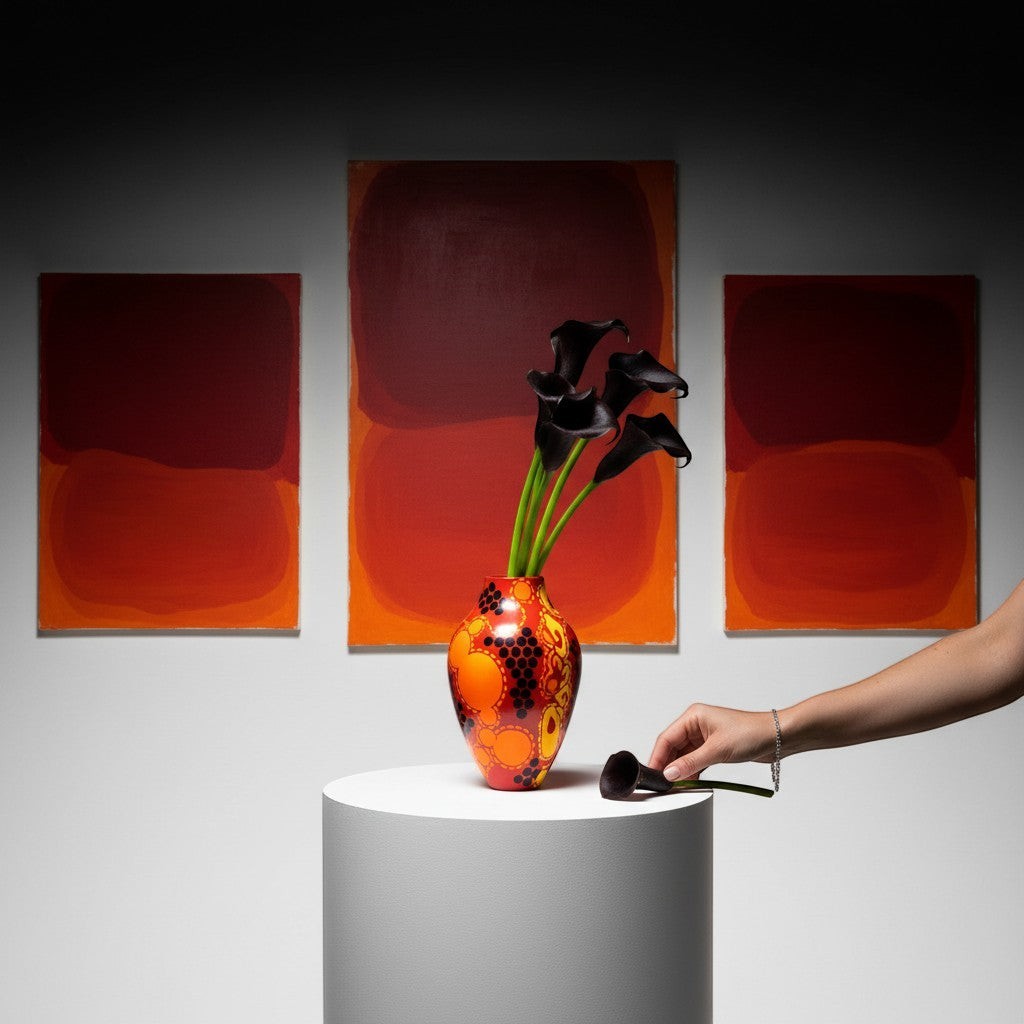 CeramicMeltdown.com Solar Flare 1 vase with abstract red, orange, and yellow bubble and dot pattern.