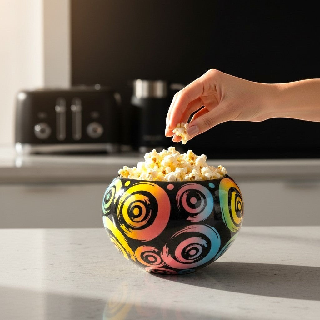 CeramicMeltdown.com black ceramic bowl with colorful swirl pattern, filled with popcorn.