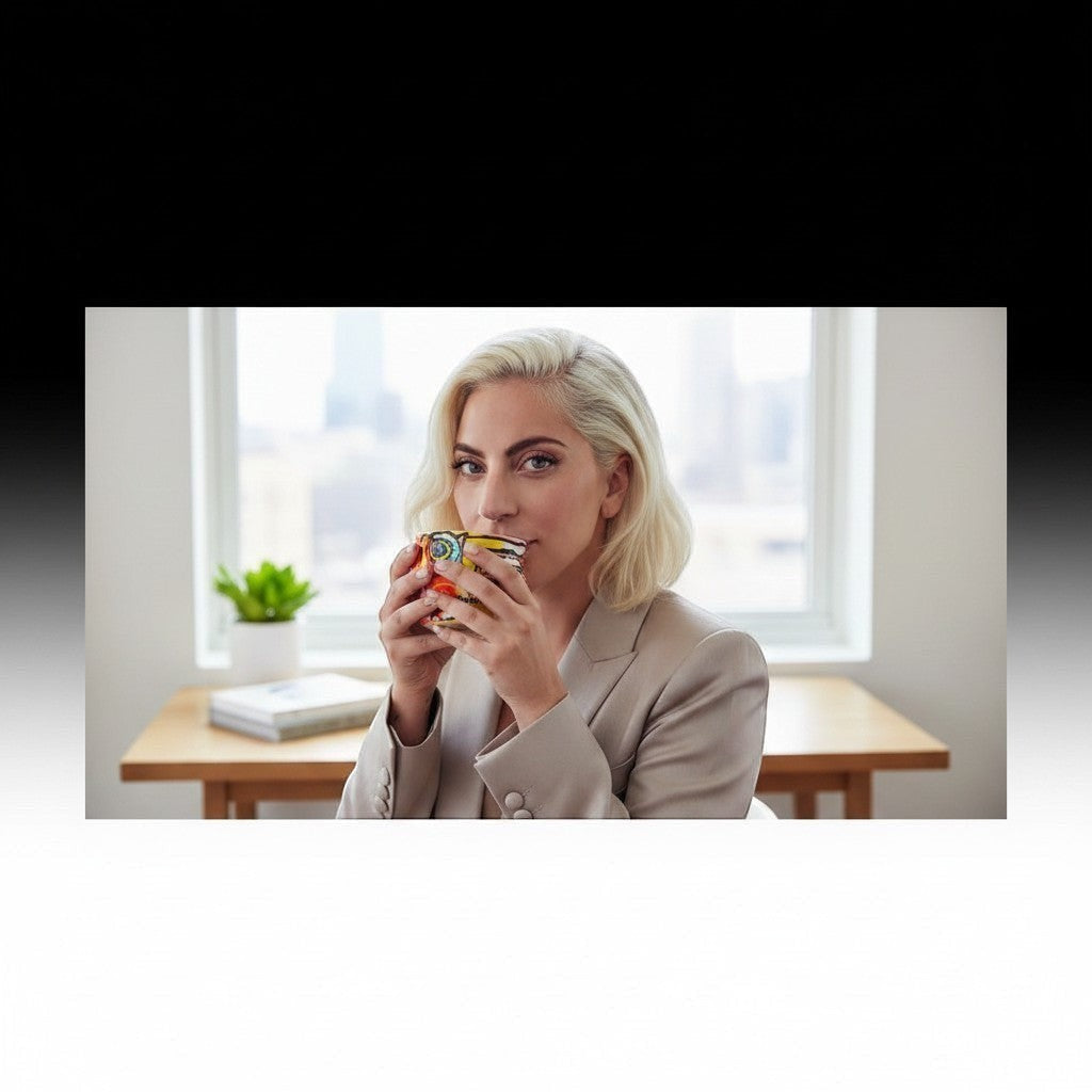 CeramicMeltdown.com No Kings Freedom Cup with abstract yellow, orange, red, blue design and German text. Woman drinking from mug.