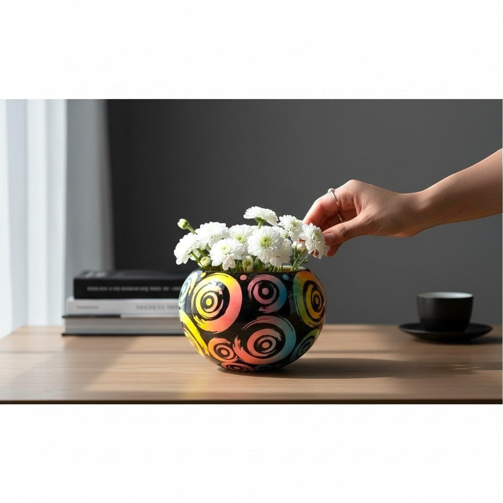 CeramicMeltdown.com black ceramic bowl with colorful swirl design, holding white flowers. Hand adding a flower.