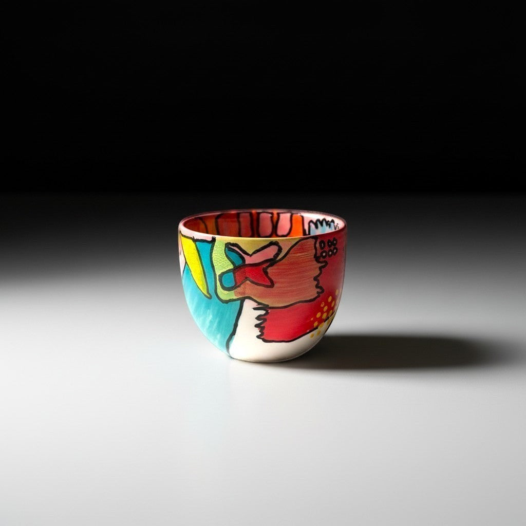CeramicMeltdown.com abstract art wine cup with colorful hand-painted design, red, yellow, blue, and black.