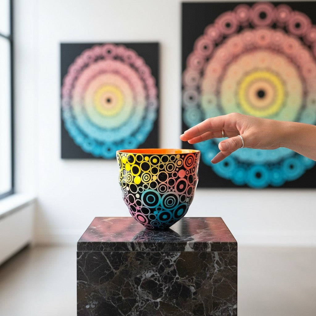 CeramicMeltdown.com rainbow circle pattern ceramic vase with orange interior.