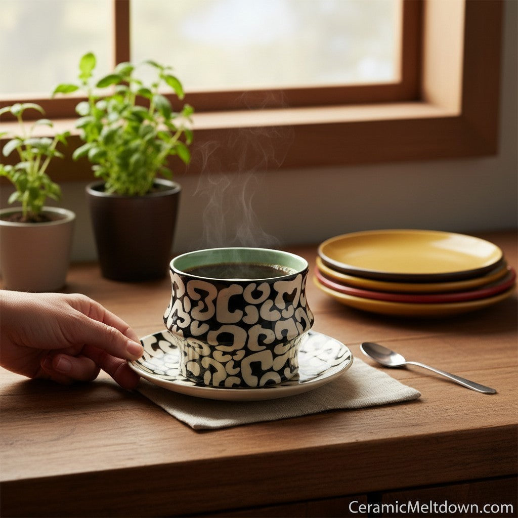 CeramicMeltdown.com abstract black and white coffee cup with mint green interior and matching saucer.