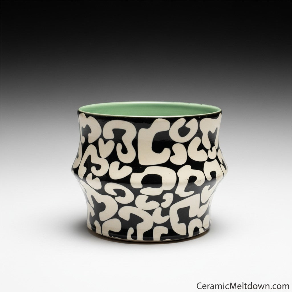 CeramicMeltdown.com abstract black and white coffee cup with mint green interior. Unique alien hieroglyph pattern.