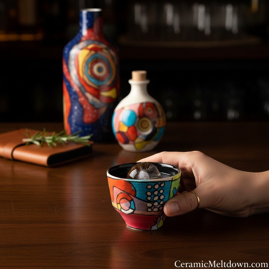 CeramicMeltdown.com abstract expressionist sherry sipper cup with hand-painted vibrant design and black interior.