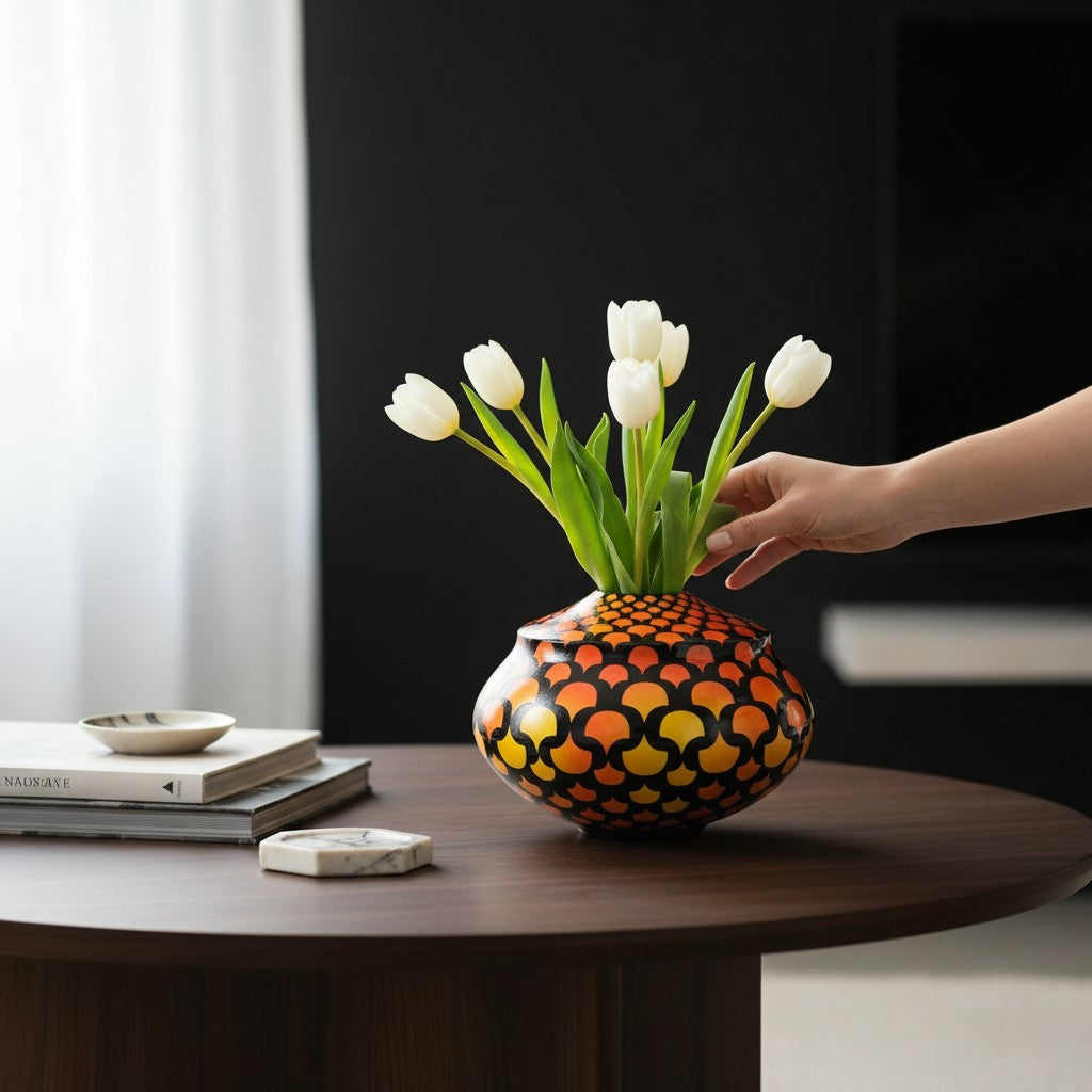 CeramicMeltdown.com bulbous ceramic vase with geometric gradient pattern in orange, yellow, and red on black.