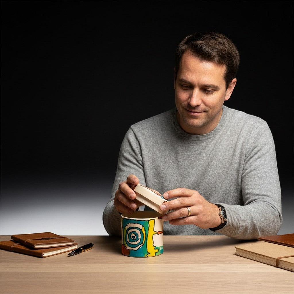 CeramicMeltdown.com hand-painted lidded jar with abstract colorful design, featuring yellow, green, and blue swirls.