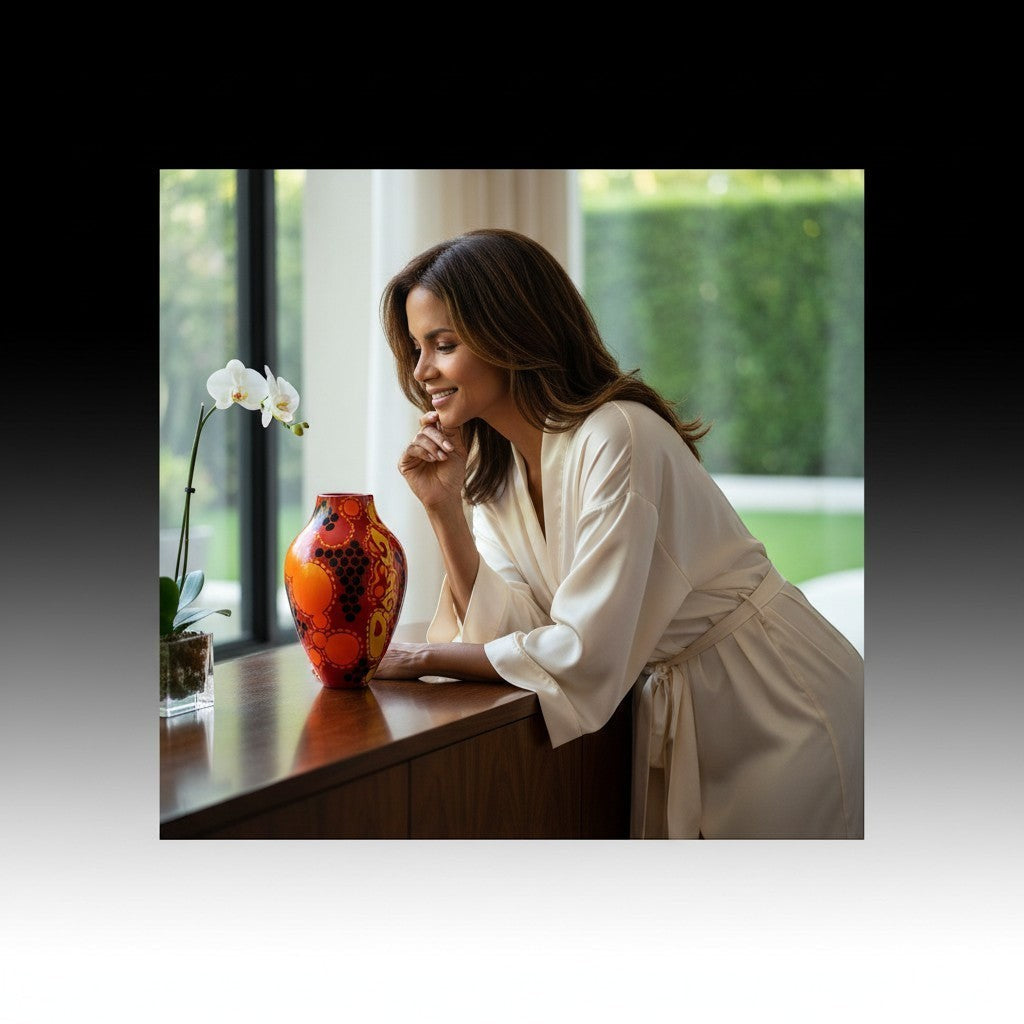 CeramicMeltdown.com Solar Flare 1 vase with red, orange, and yellow abstract bubble and dot pattern.