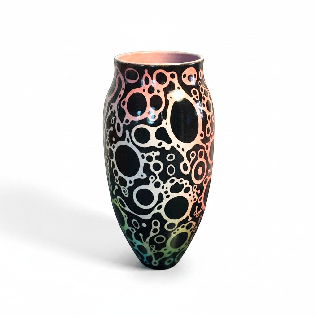 CeramicMeltdown.com abstract bubble ceramic vase with gradient colors and black background.