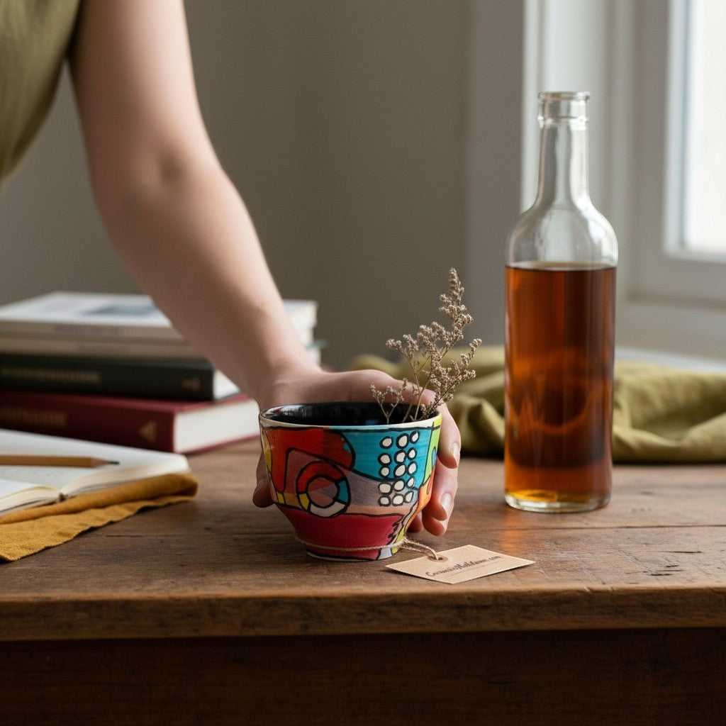 CeramicMeltdown.com abstract expressionist sherry sipper cup with hand-painted colorful design and black interior.