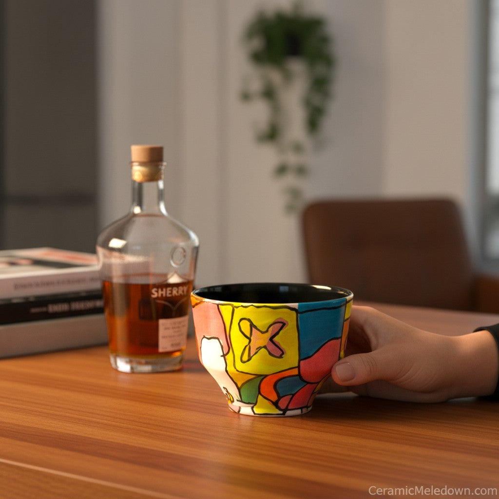 CeramicMeltdown.com abstract expressionist sherry sipper cup, hand-painted with bold colors and dynamic shapes.