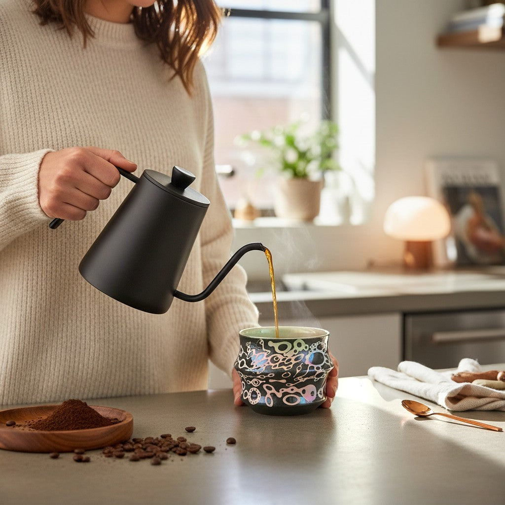 CeramicMeltdown.com Ameba Freedom coffee mug with iridescent pink, yellow, and green abstract pattern on charcoal base.