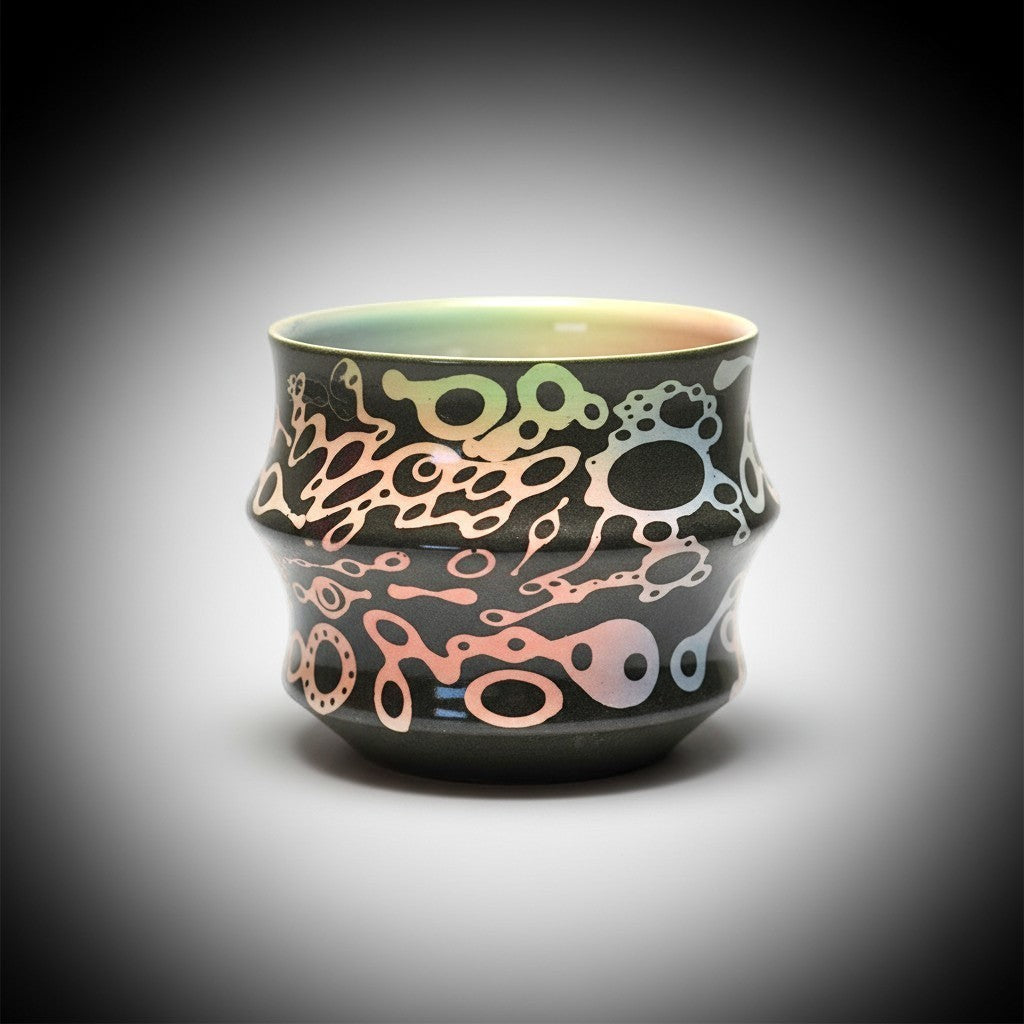 CeramicMeltdown.com charcoal mug with abstract iridescent pink, yellow, and green ameba pattern.