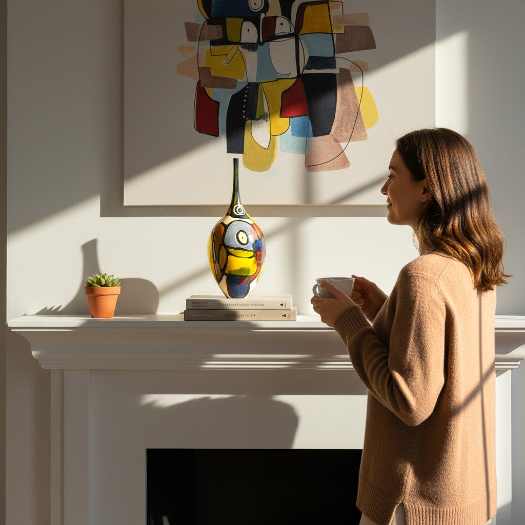 CeramicMeltdown.com Archipelago vase, white stoneware with glossy glaze, hand-painted abstract design in yellow, red, blue, and green.
