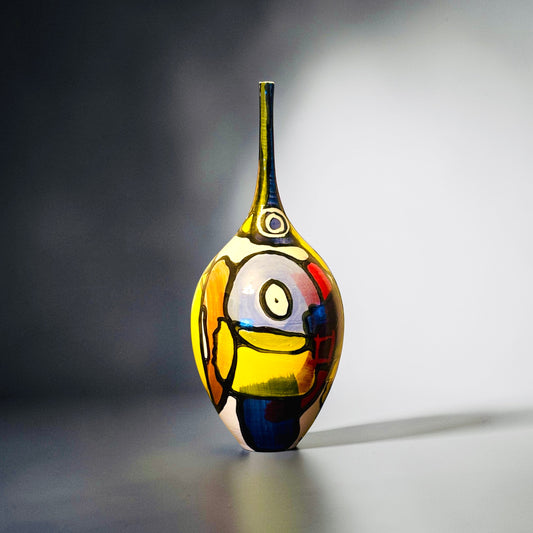 CeramicMeltdown.com Archipelago vase with glossy glaze, hand-painted in saffron, paprika, cumin, and emerald tones. White ceramic stoneware.