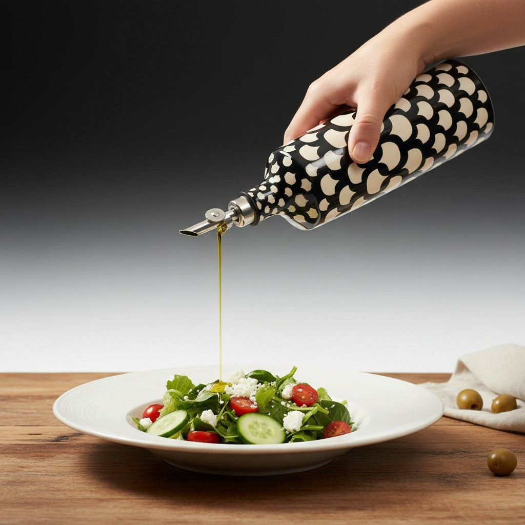 CeramicMeltdown.com black and cream patterned ceramic olive oil bottle with metal pour spout.