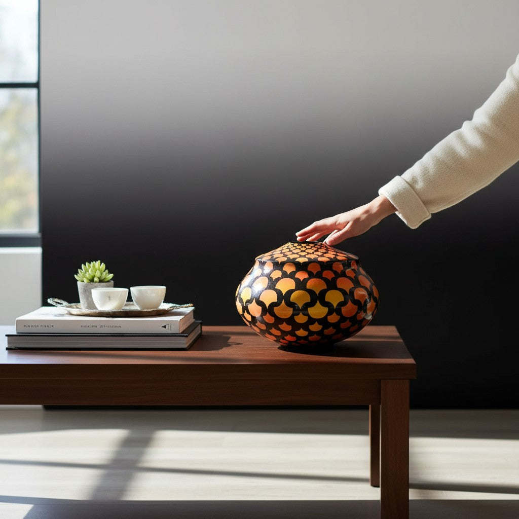 CeramicMeltdown.com bulbous ceramic vase with geometric gradient pattern in orange, yellow, and red on black.