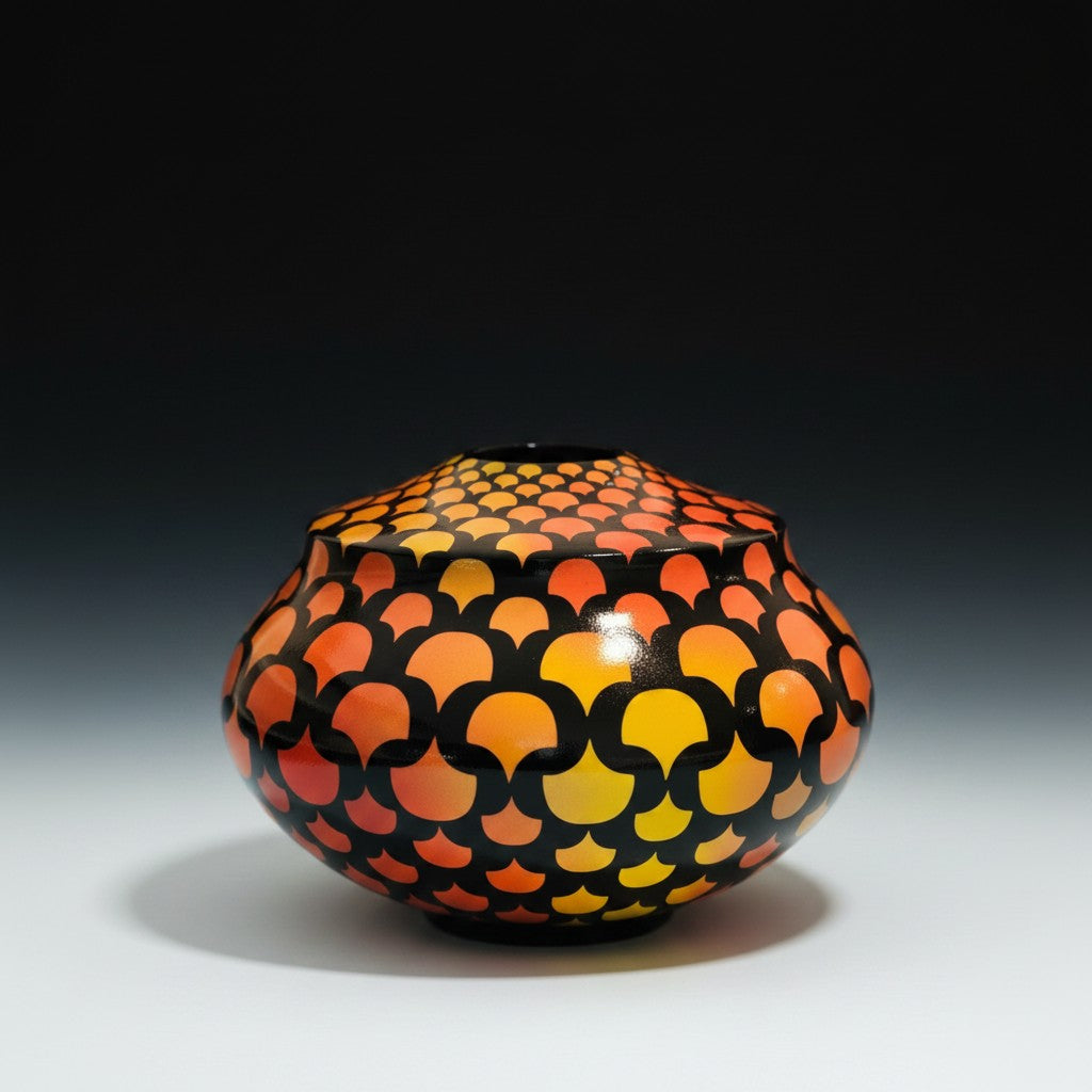 CeramicMeltdown.com bulbous ceramic vase with geometric gradient pattern in orange, yellow, and red on black.