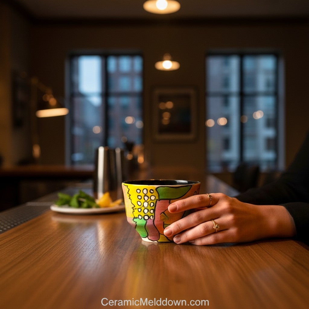 CeramicMeltdown.com hand-painted ceramic cup with abstract yellow, green, and purple design. Features a black interior.