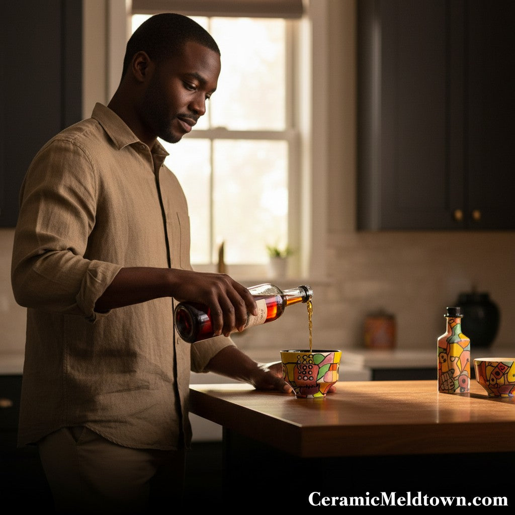 CeramicMeltdown.com hand-painted ceramic cup with abstract colorful design and black interior.