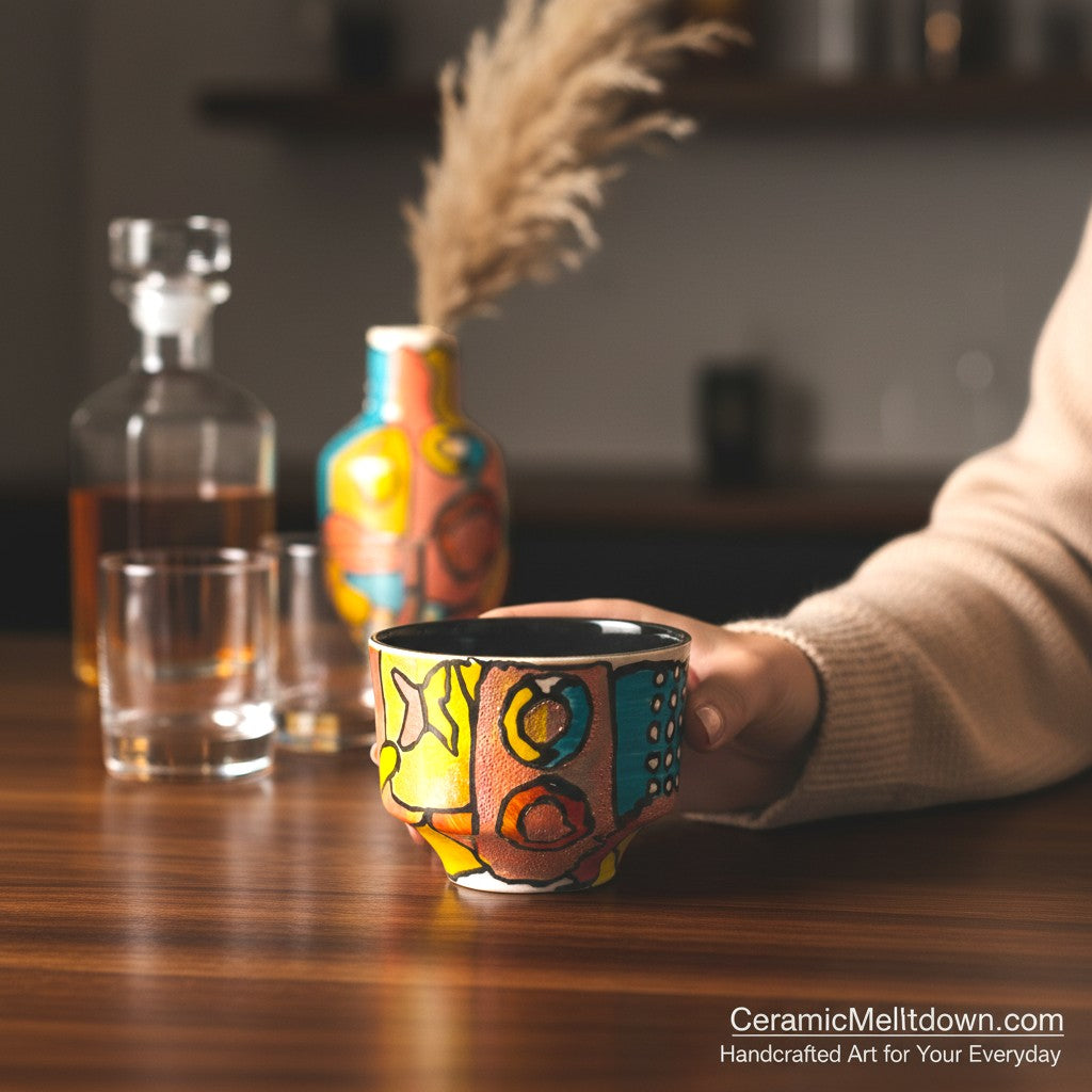 CeramicMeltdown.com hand-painted ceramic cup with abstract colorful geometric patterns in yellow, blue, pink, and orange.