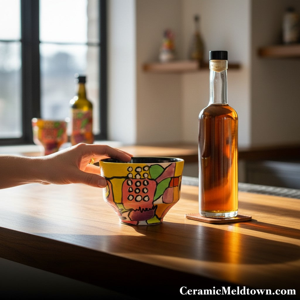 CeramicMeltdown.com hand-painted ceramic cup with abstract colorful design and black interior.