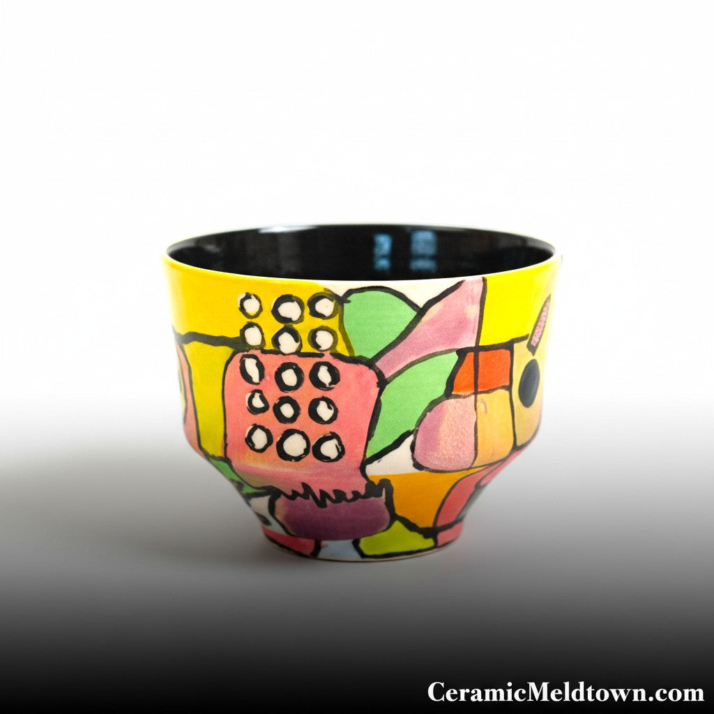 CeramicMeltdown.com hand-painted ceramic cup with abstract colorful design and black interior.