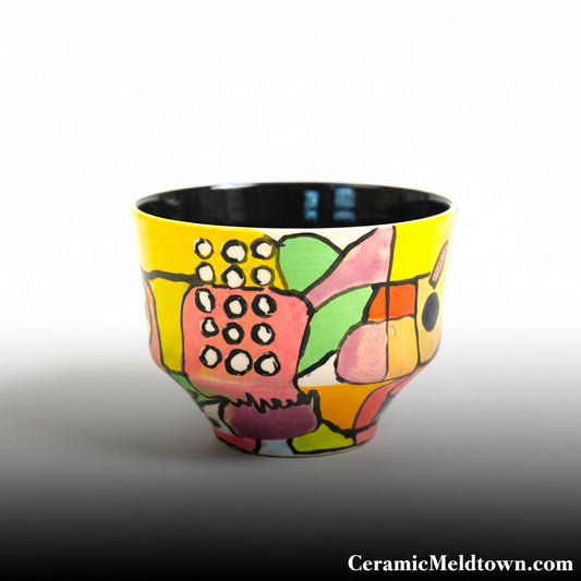 CeramicMeltdown.com hand-painted ceramic cup with abstract colorful design and black interior.
