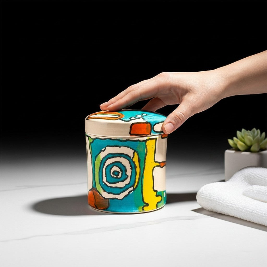 CeramicMeltdown.com hand-painted lidded jar with abstract blue, yellow, and orange design. Ceramic storage container.