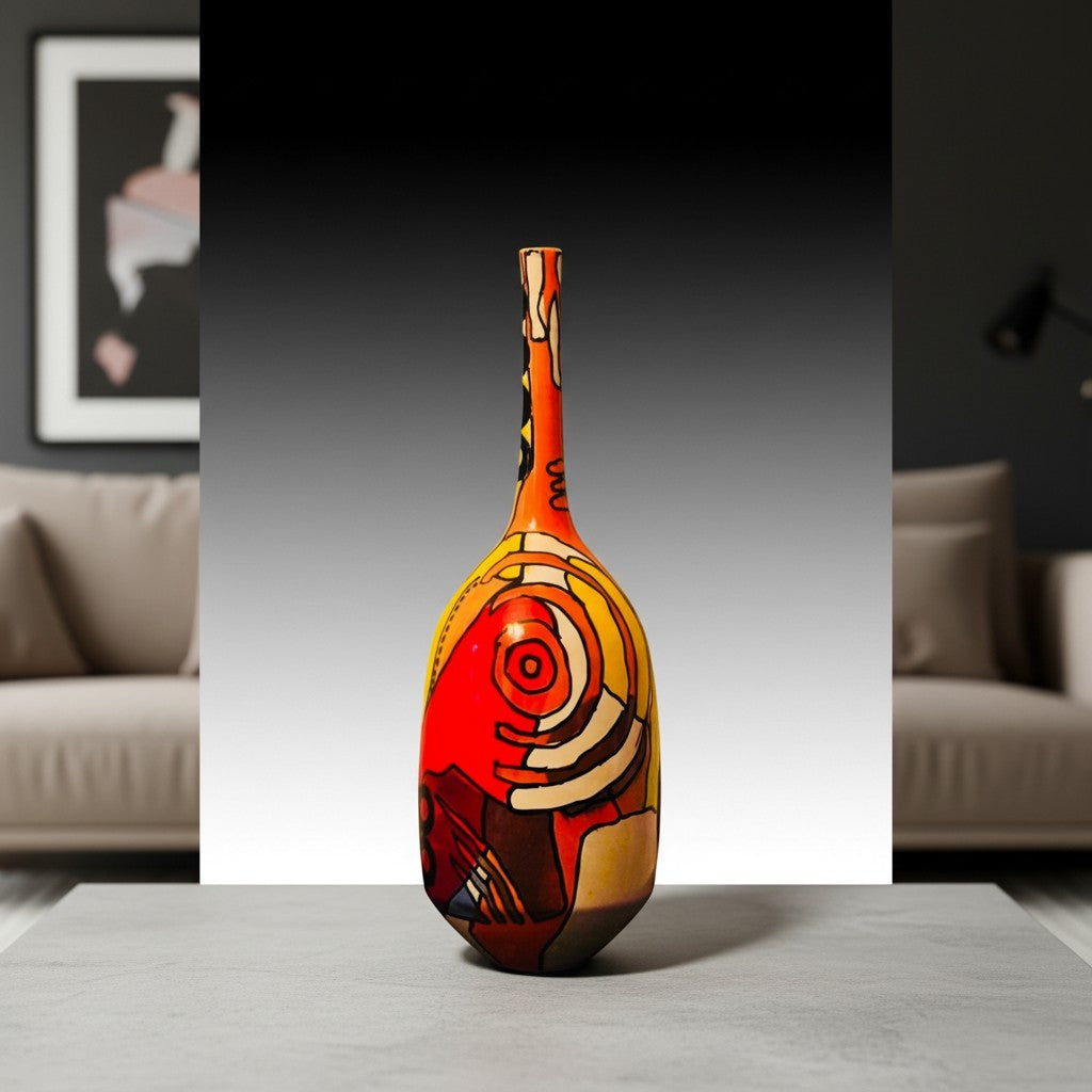 CeramicMeltdown.com Magellanic abstract ceramic vase with red, yellow, and blue cosmic-inspired painted design.