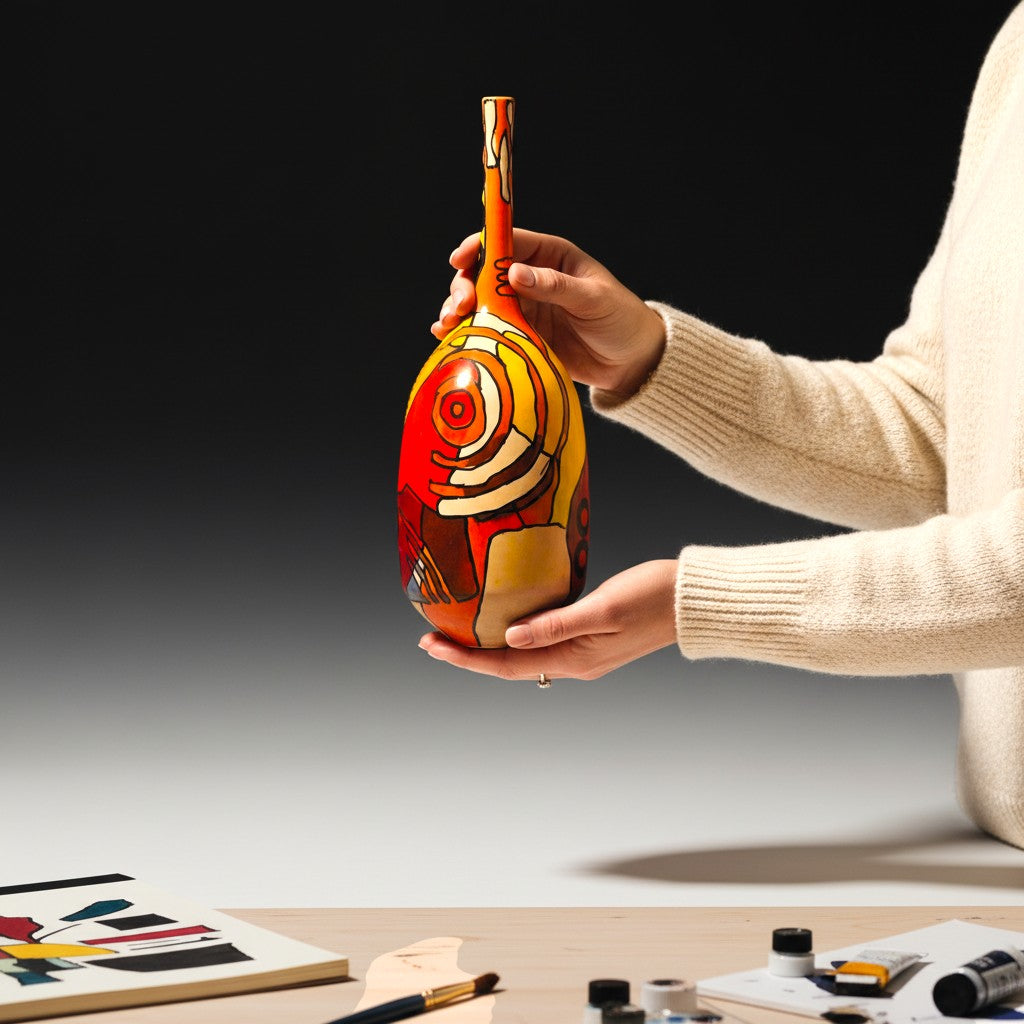 CeramicMeltdown.com Magellanic abstract ceramic vase with red, yellow, and blue cosmic-inspired design. White ceramic stoneware.