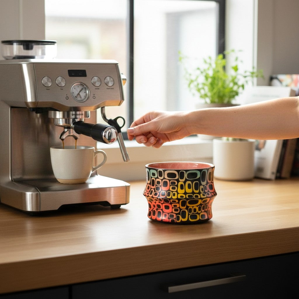 CeramicMeltdown.com Rainbow Mid-Mod Freedom Coffee Cup with abstract retro pattern in black, yellow, orange, and green.