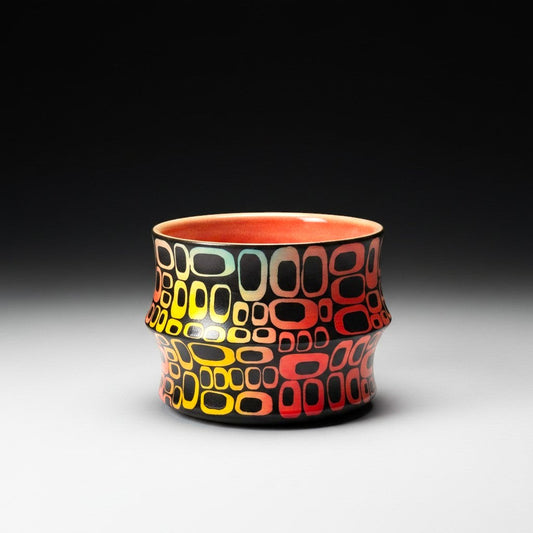 CeramicMeltdown.com Rainbow Mid-Mod Freedom Coffee Cup with abstract retro pattern and gradient colors.