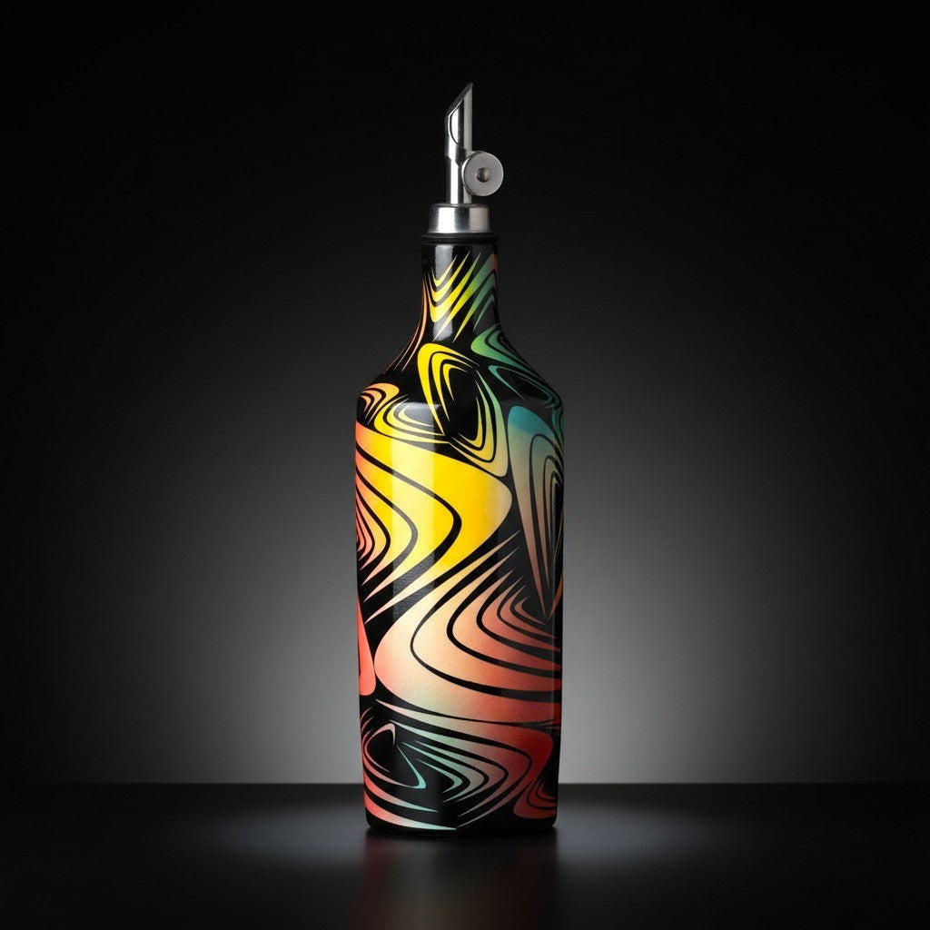 CeramicMeltdown.com Wave Olive Oil Bottle with a vibrant, abstract swirl pattern in yellow, orange, green, and black. Features a silver pour spout.