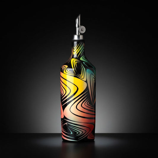 CeramicMeltdown.com Wave Olive Oil Bottle with a vibrant, abstract swirl pattern in yellow, orange, green, and black. Features a silver pour spout.