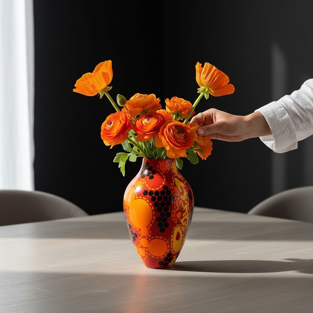 CeramicMeltdown.com Solar Flare 1 vase with red, orange, and yellow abstract bubble pattern and black dots.