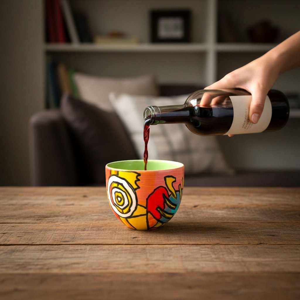 CeramicMeltdown.com hand-painted wine cup with abstract colorful design, green interior, as red wine is poured from a bottle.