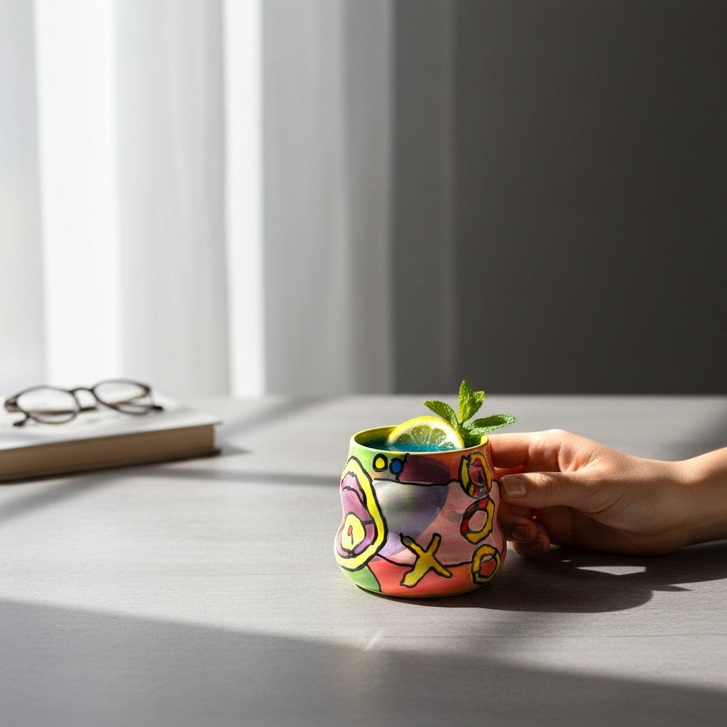 CeramicMeltdown.com abstract expressionist cocktail cup, hand-painted with vibrant colors and organic shape, holding a blue drink with lemon and mint.