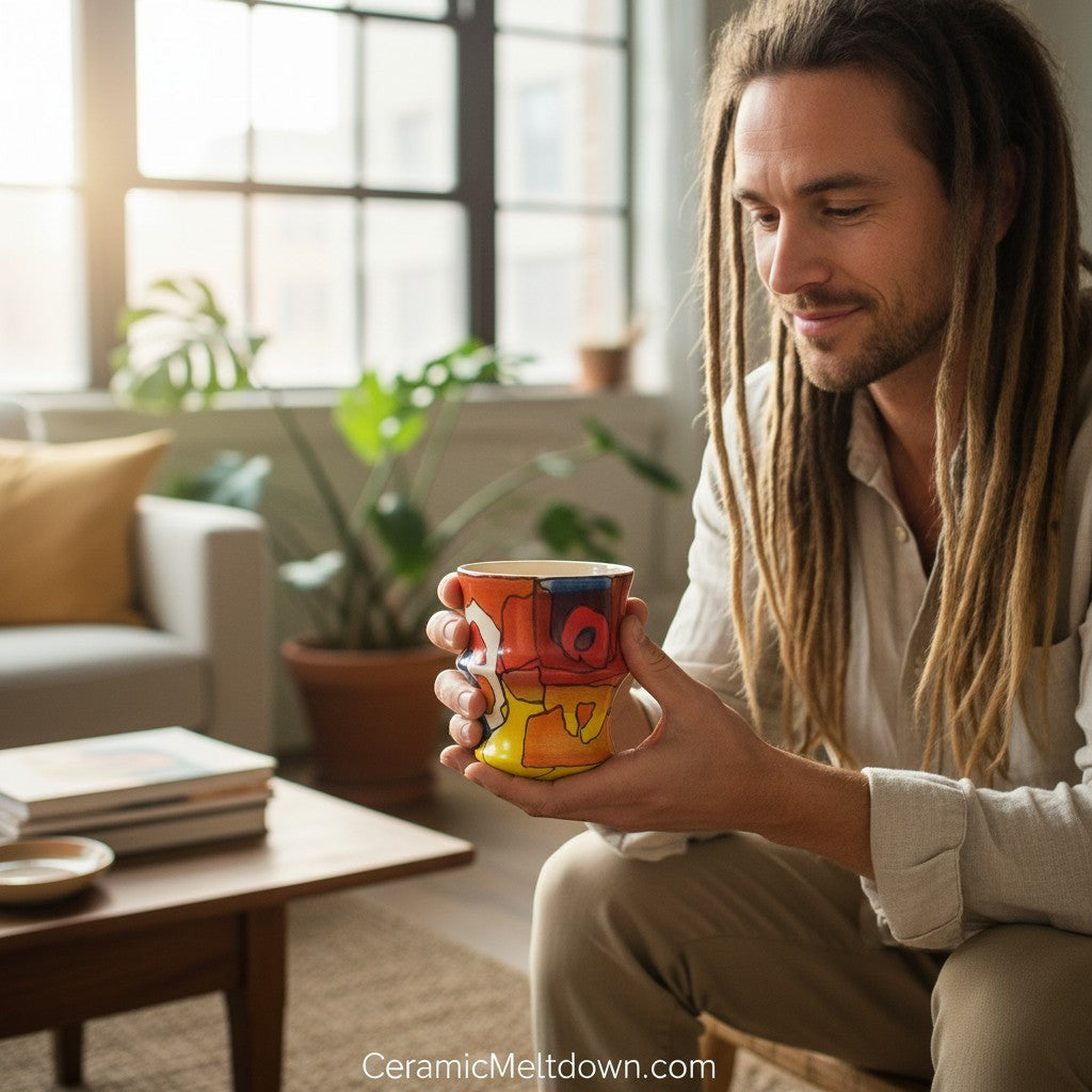 CeramicMeltdown.com hand-painted tumbler with abstract red, yellow, and blue design. Man with dreadlocks holding the mug.