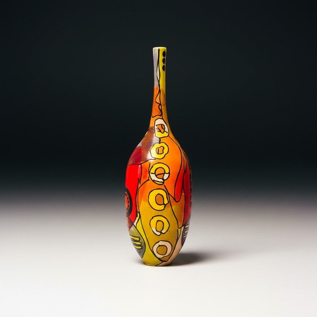 CeramicMeltdown.com Lensing vase with swirling red, orange, yellow, and turquoise abstract design. White ceramic stoneware.