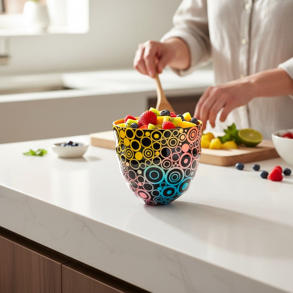 CeramicMeltdown.com vibrant fruit bowl with a colorful circle pattern, filled with fresh fruit salad.