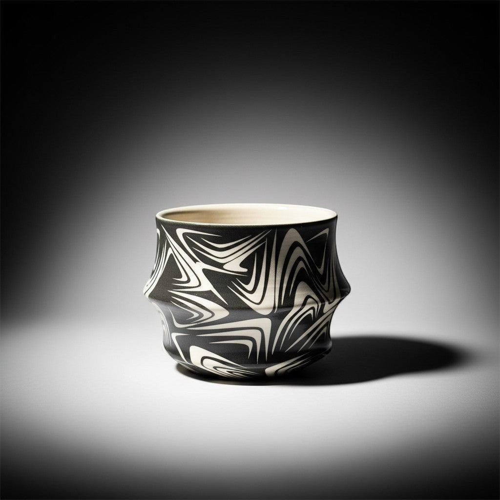 CeramicMeltdown.com abstract swirl ceramic tumbler in black and white. Handcrafted vessel with a unique wave pattern and textured finish.