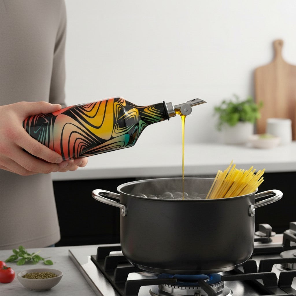 CeramicMeltdown.com Wave Olive Oil Bottle with colorful abstract swirl pattern, pouring oil into pasta.