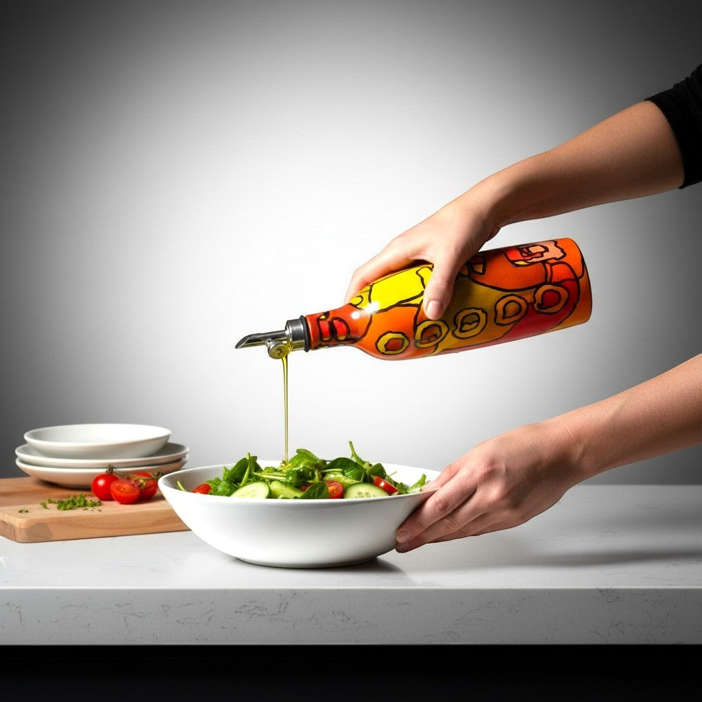 CeramicMeltdown.com abstract expressionist olive oil bottle with yellow, orange, and red swirls, pouring oil onto a salad.