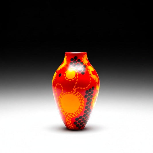 CeramicMeltdown.com Solar Flare 2 vase with red, orange, and black abstract dot and circle pattern.