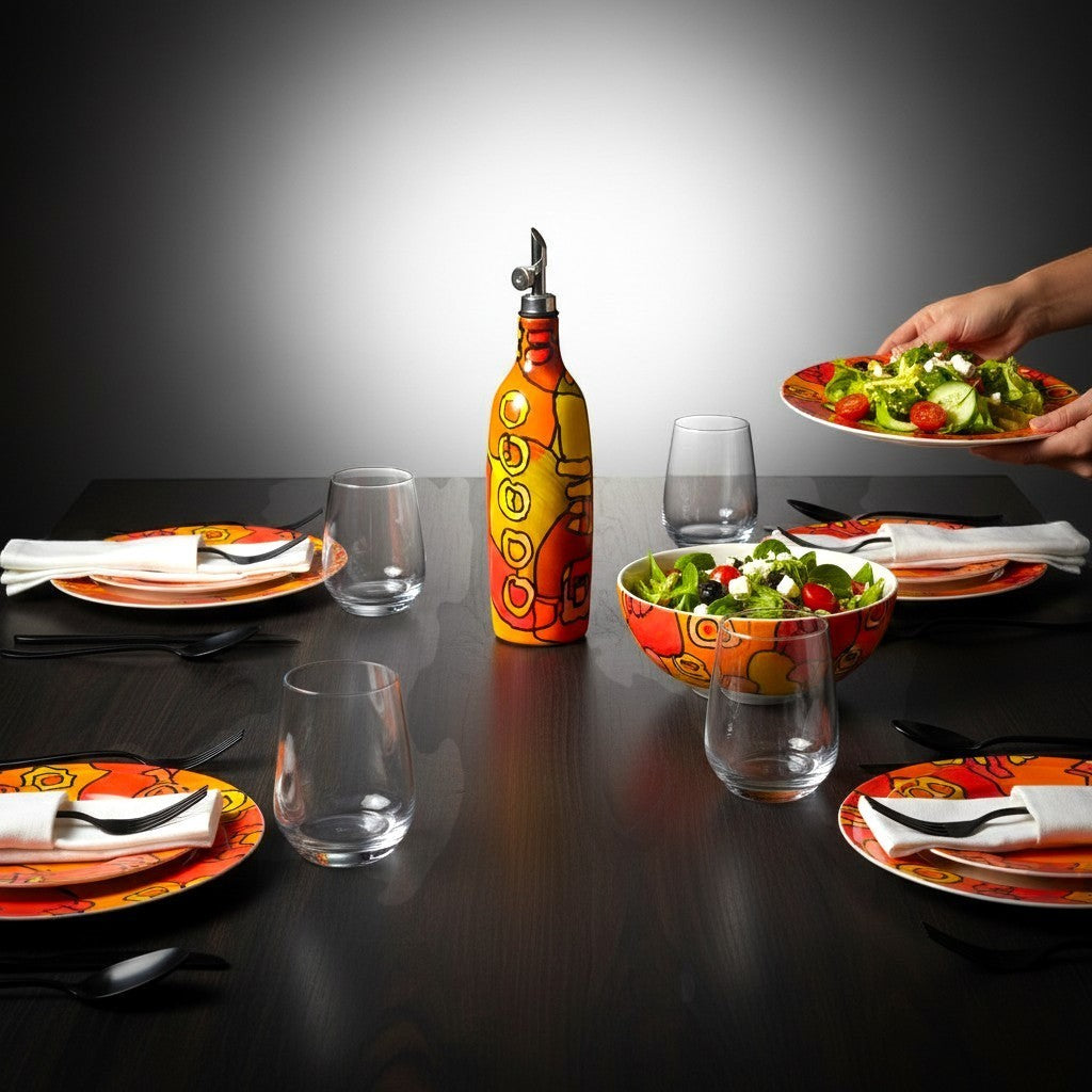 CeramicMeltdown.com abstract expressionist olive oil bottle in orange and yellow with black accents, set on a dining table with salad.