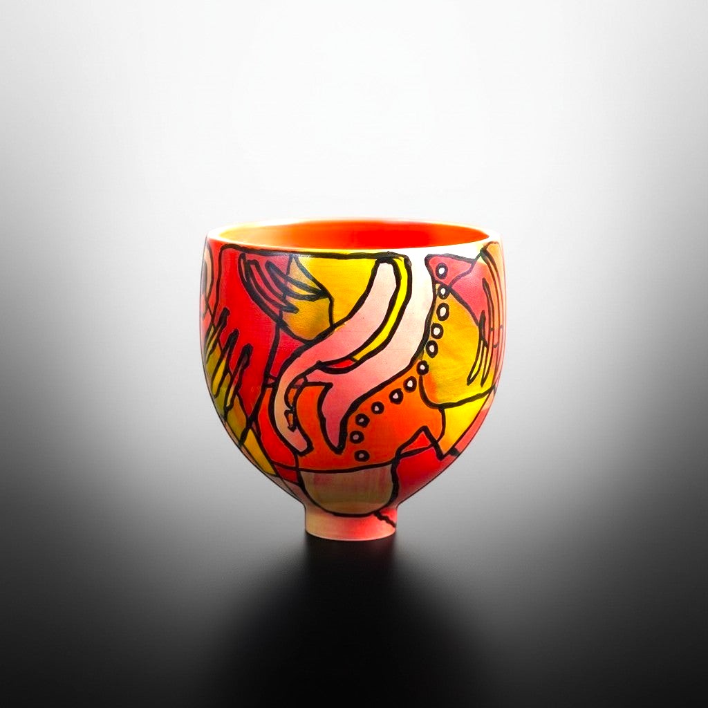 CeramicMeltdown.com abstract expressionist pedestal bowl in red, yellow, and pink with black outlines.