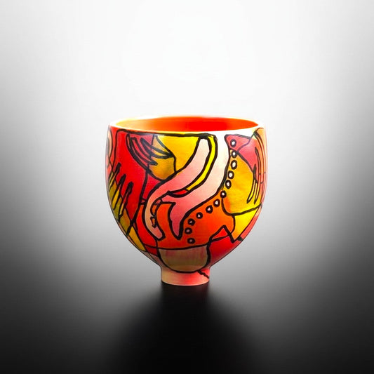 CeramicMeltdown.com abstract expressionist pedestal bowl in red, yellow, and pink with black outlines.